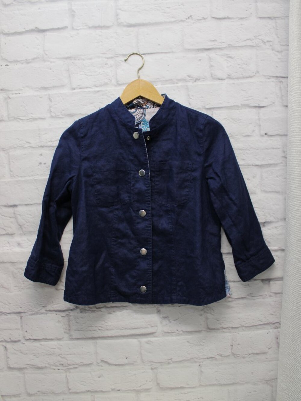 Chico's XXS Navy Paisley Patchwork Line Blend Reversible Lightweight Jacket FLAW